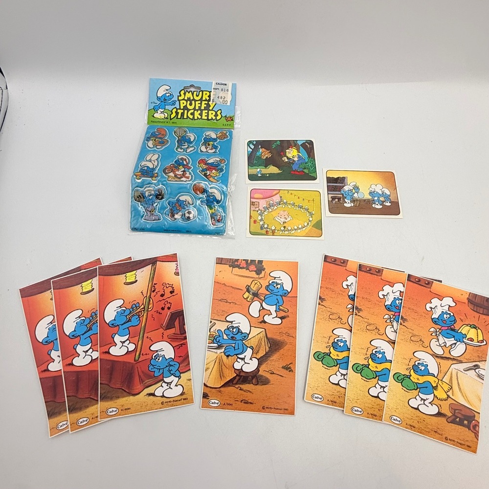 Vintage 1980 Smurfs Puffy Stickers Sealed & 1982 Panini Calve Trading Cards Lot